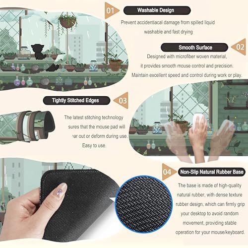 DCJJM Green Kawaii Desk Mat Mousepad Pixel Plant Mouse Pad Gaming XL Large Desk Pad Anime Cat Desk Matt for Desktop, Computer Laptop Keyboard and Mouse Mat for Women Office Decor Accessories 31.5x11.8 in - Image 5