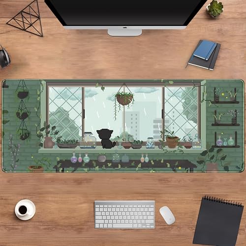 DCJJM Green Kawaii Desk Mat Mousepad Pixel Plant Mouse Pad Gaming XL Large Desk Pad Anime Cat Desk Matt for Desktop, Computer Laptop Keyboard and Mouse Mat for Women Office Decor Accessories 31.5x11.8 in - Image 4