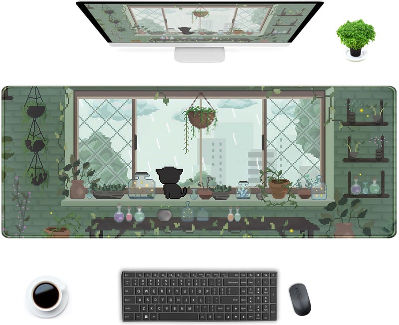 DCJJM Green Kawaii Desk Mat Mousepad Pixel Plant Mouse Pad Gaming XL Large Desk Pad Anime Cat Desk Matt for Desktop, Computer Laptop Keyboard and Mouse Mat for Women Office Decor Accessories 31.5x11.8 in - Image 1