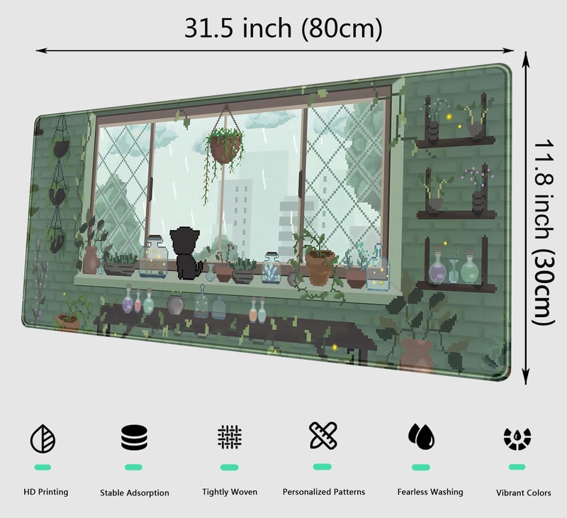 DCJJM Green Kawaii Desk Mat Mousepad Pixel Plant Mouse Pad Gaming XL Large Desk Pad Anime Cat Desk Matt for Desktop, Computer Laptop Keyboard and Mouse Mat for Women Office Decor Accessories 31.5x11.8 in - Image 2