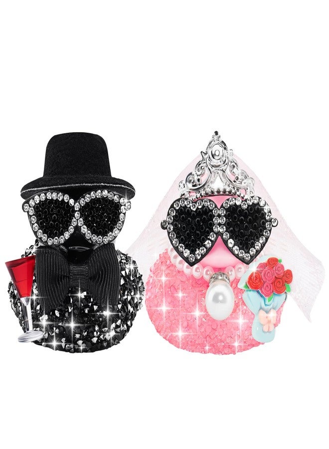 wonuu Mini Sparkly Diamond-Studded Wedding Rubber Duck, Groom Holding Wine Glasses Bride with a Bouquet Bling Rhinestones Duckies Set, Style 1 - Image 1