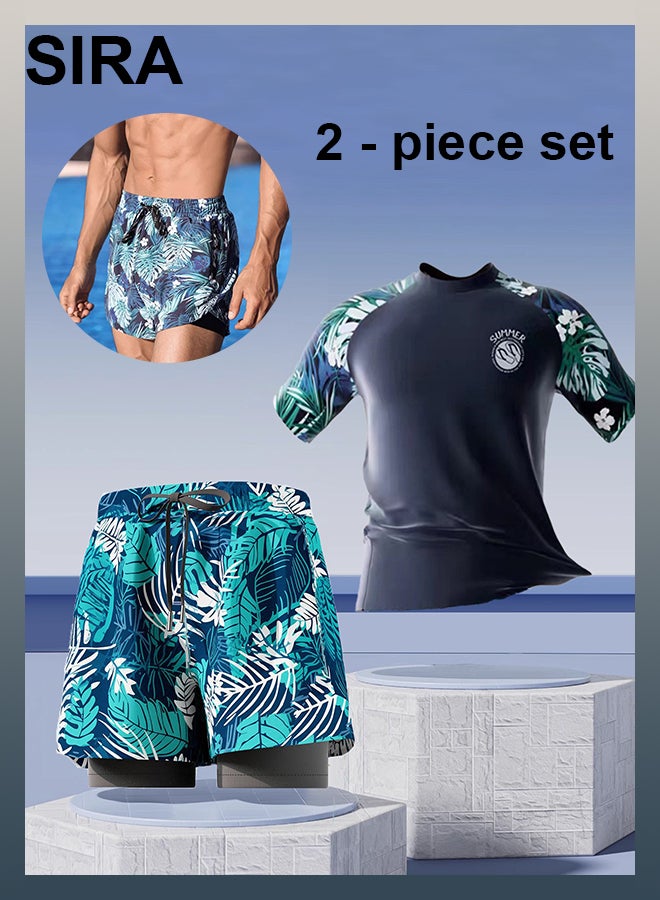 العربية سترة سباحة رجالية محتشمة - قميص سباحة سريع الجفاف UPF 50+ مع شورت سباحة بجيوب، طقم من قطعتين للسباحة والشاطئ والرياضات المائية - Image 1