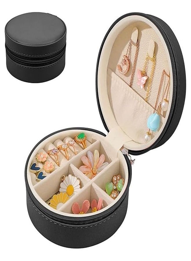 LUANA ENTERPRISE Round Travel Jewelry Organizer Box for Women – Small Portable Jewelry Case with Ring Slots, Necklace Hooks & Earring Storage – PU Leather Mini Jewelry Storage Box for Rings, Earrings - Image 1
