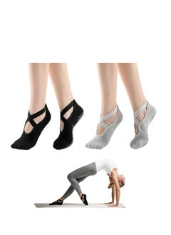 ULHYC 2 Pairs Girls Yoga Socks Strap Non-slip Yoga Socks for Women,Unisex Yoga Special Slipper Socks Ballet Dance Socks Anti-Skid Socks Black Grey  - Image 1