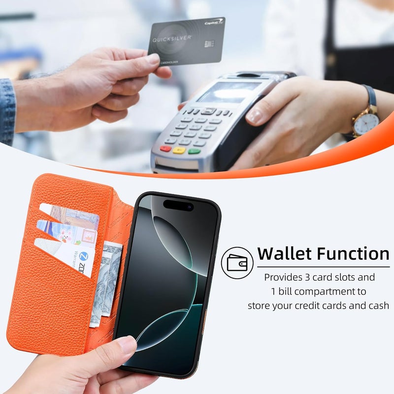 VISOUL Wallet Case Litchi Grain Genuine Leather Magnetic Flip Folio Cover with Wireless Charging, RFID Blocking, 3 Card Slots, Soft TPU Shell-Black+Orange - Image 3