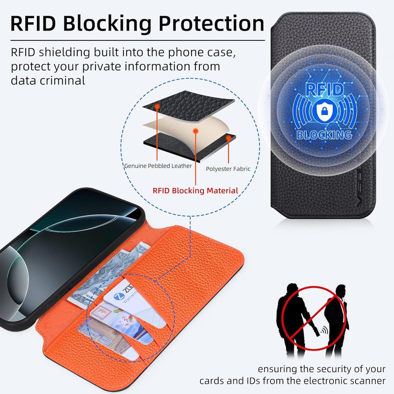 VISOUL Wallet Case Litchi Grain Genuine Leather Magnetic Flip Folio Cover with Wireless Charging, RFID Blocking, 3 Card Slots, Soft TPU Shell-Black+Orange - Image 5