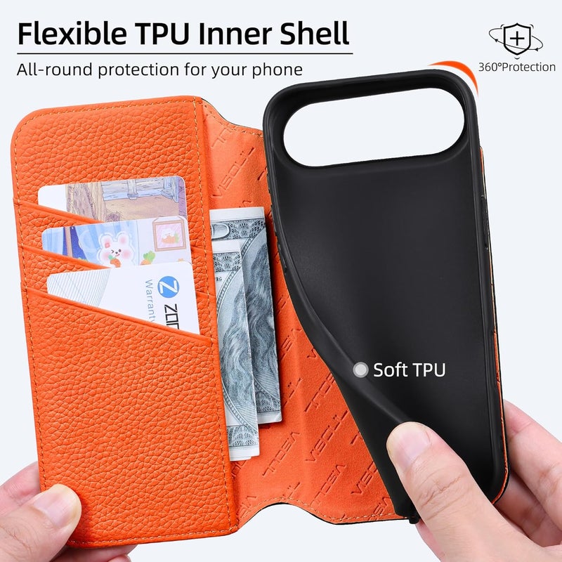 VISOUL Wallet Case Litchi Grain Genuine Leather Magnetic Flip Folio Cover with Wireless Charging, RFID Blocking, 3 Card Slots, Soft TPU Shell-Black+Orange - Image 4
