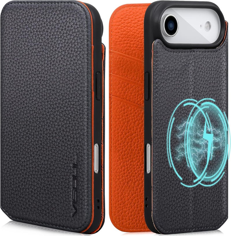 VISOUL Wallet Case Litchi Grain Genuine Leather Magnetic Flip Folio Cover with Wireless Charging, RFID Blocking, 3 Card Slots, Soft TPU Shell-Black+Orange - Image 1