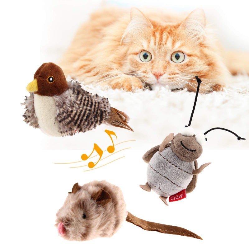 Gigwi Interactive Toy Set for Indoor Cats 3PCS Plush Pack Including Squeaky Feather Mouse Hunt Chase Bird and Chirping Cricket Toys - Image 2