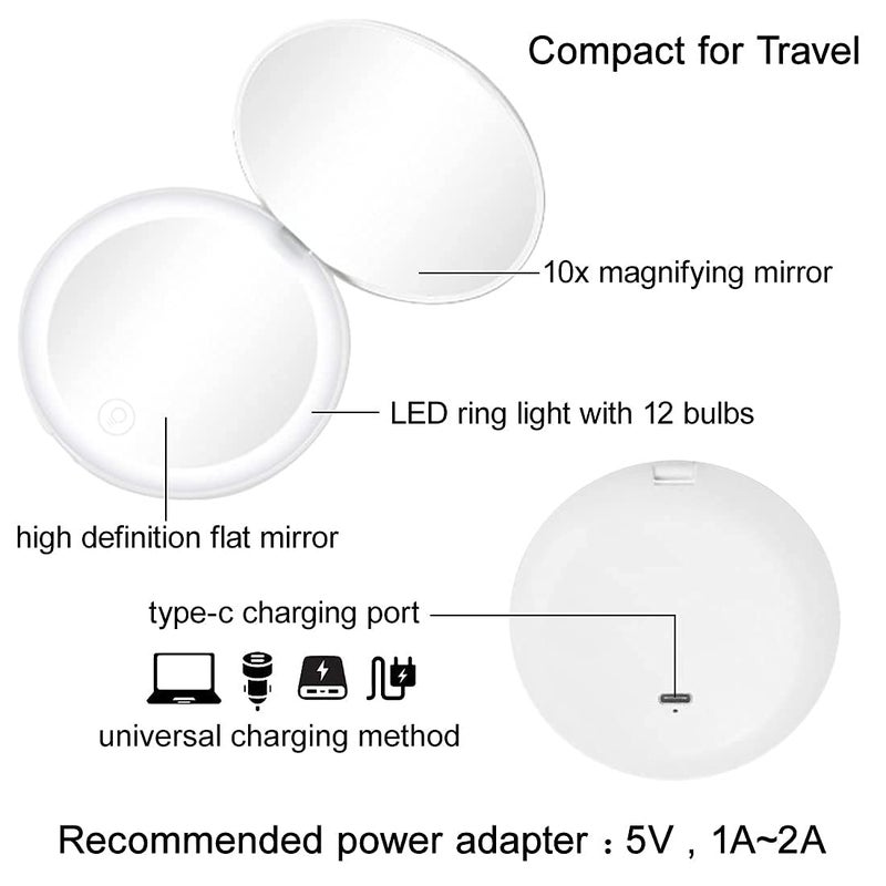 Milishow Compact Mirror with LED Light 1x/10x Magnifying Rechargeable Mirror 3.5in  Dimmable Travel Mirror for Purse Pocket Handheld 2-Sided Makeup Mirror - Image 5