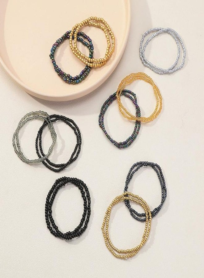 Pingyongchang Cute Handmade Colorful Seed Beads Bracelet Set Bohemian Crystal Glass Beads Stackable Elastic Multilayer Stretch Bracelets for Women Boho Beach Hawaii Surf Jewelry Gift-Black - Image 3