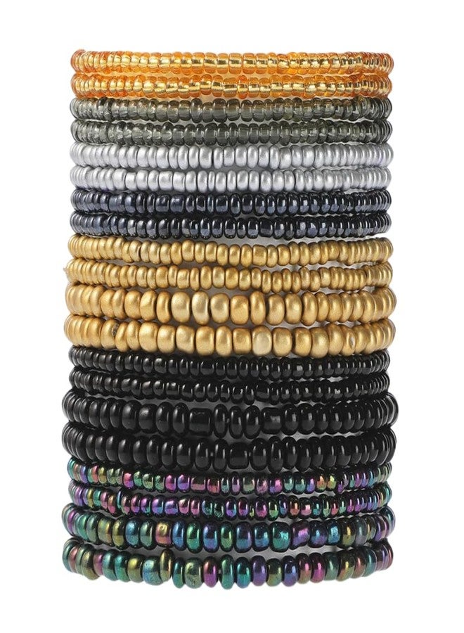 Pingyongchang Cute Handmade Colorful Seed Beads Bracelet Set Bohemian Crystal Glass Beads Stackable Elastic Multilayer Stretch Bracelets for Women Boho Beach Hawaii Surf Jewelry Gift-Black - Image 1