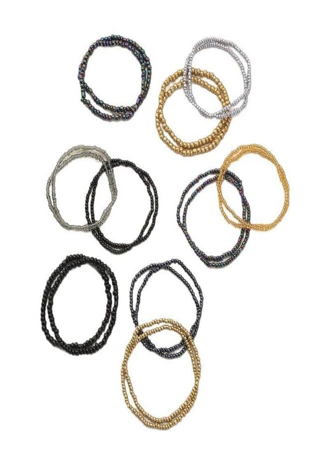 Pingyongchang Cute Handmade Colorful Seed Beads Bracelet Set Bohemian Crystal Glass Beads Stackable Elastic Multilayer Stretch Bracelets for Women Boho Beach Hawaii Surf Jewelry Gift-Black - Image 2