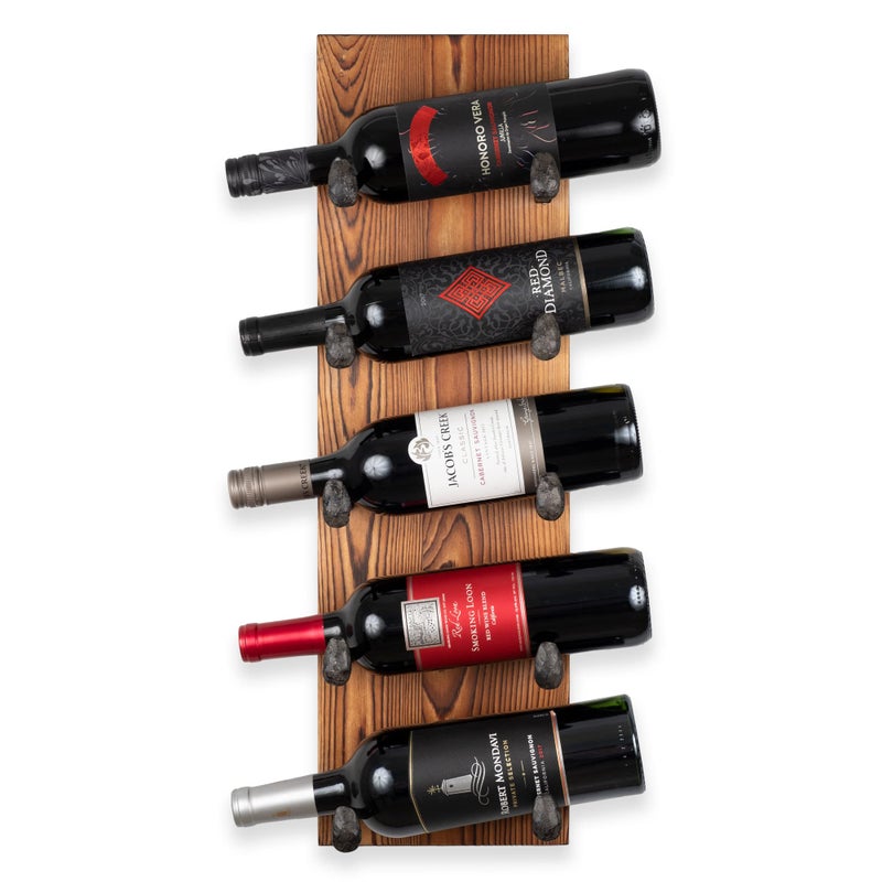 Rustic State Alicante Wall Mounted Reclaimed Wood Vertical Wine Rack Holder Shelf Organizer with Railroad Spike Cast Iron Hooks for 5 Bottles - Home, Kitchen, Dining Room Bar DÃ©cor - Walnut - Image 1