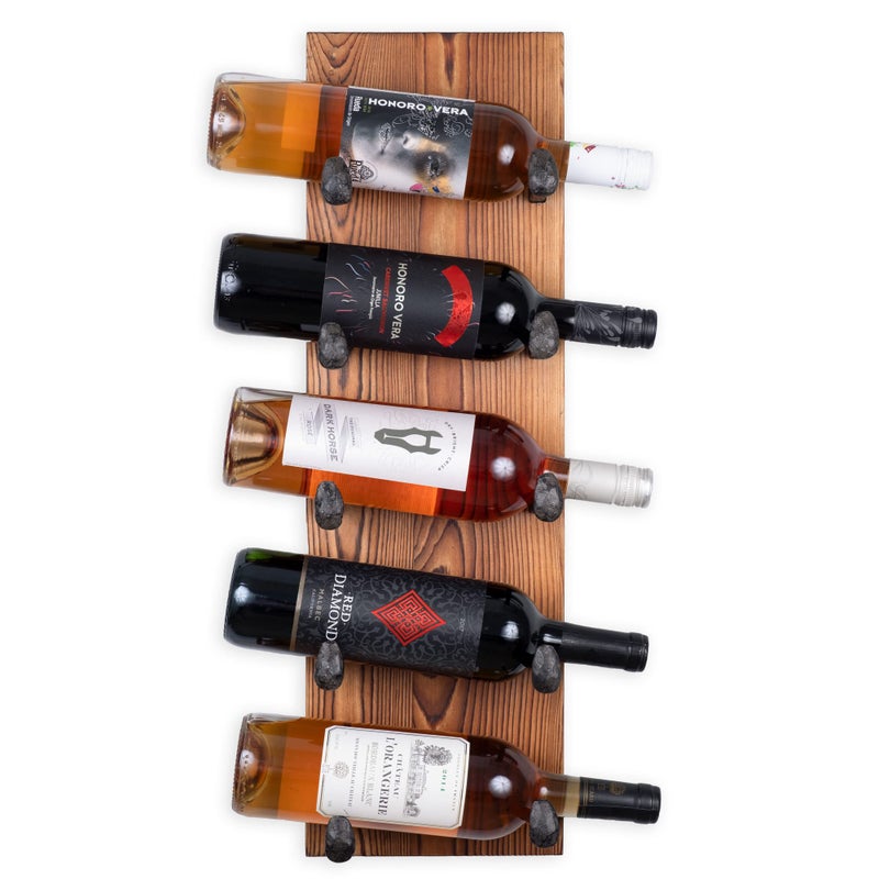 Rustic State Alicante Wall Mounted Reclaimed Wood Vertical Wine Rack Holder Shelf Organizer with Railroad Spike Cast Iron Hooks for 5 Bottles - Home, Kitchen, Dining Room Bar DÃ©cor - Walnut - Image 5