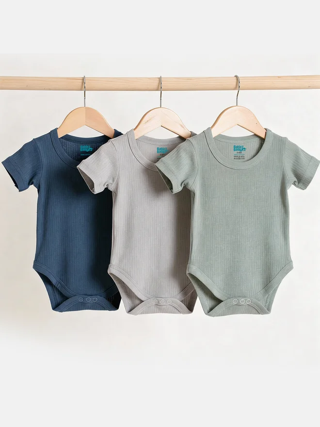 بابيز_بيسك Babies Basic Pack of 3 - Premium Ribbed Cotton Short Sleeves Romper