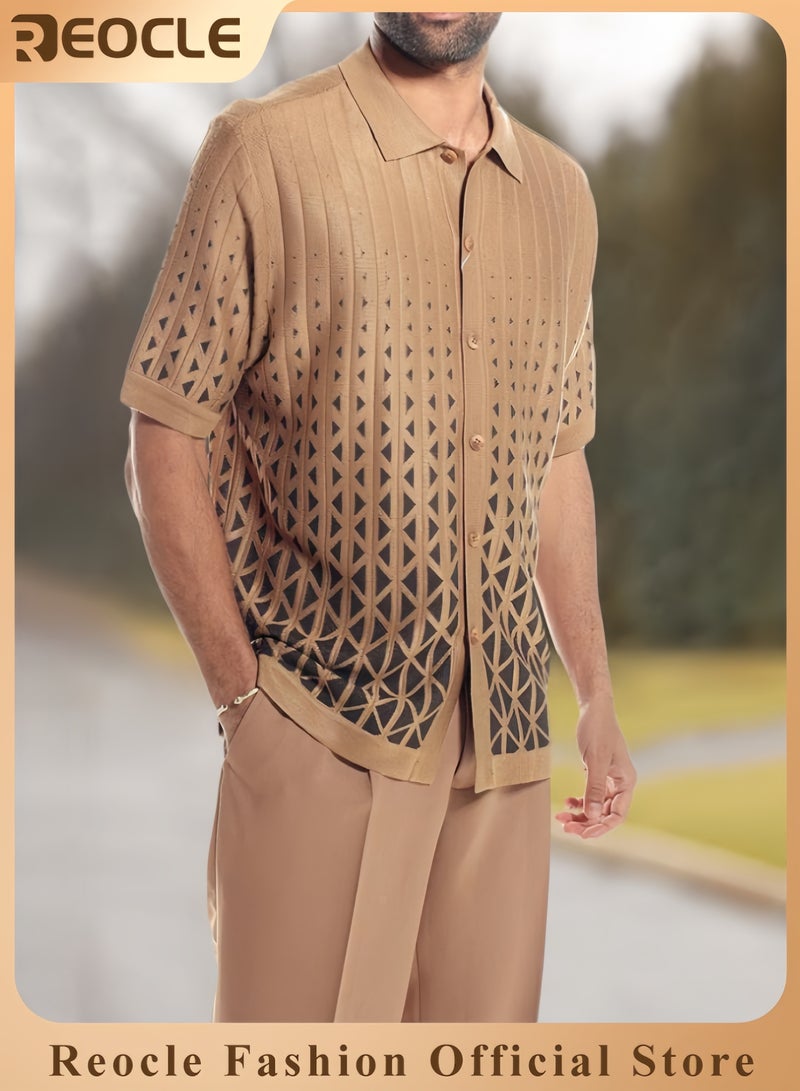 REOCLE Men's 2PCS Set Casual Holiday Style Set Short Sleeve Button Down Hawaiian Pants Set Casual Beach Style  Polo Shirt and Pants Set - Image 1