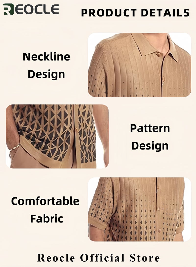 REOCLE Men's 2PCS Set Casual Holiday Style Set Short Sleeve Button Down Hawaiian Pants Set Casual Beach Style  Polo Shirt and Pants Set - Image 4
