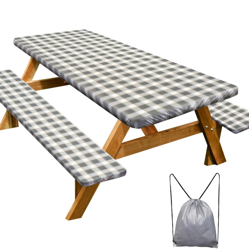 Play Tailor Picnic Table Cover with Bench Covers Camping Essentials Waterproof Windproof Camping Tablecloth with Drawstring Bag, Fitted Rectangle Tables and Seats, 72in, Gray White - Image 1