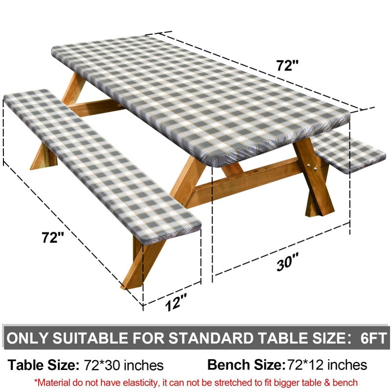 Play Tailor Picnic Table Cover with Bench Covers Camping Essentials Waterproof Windproof Camping Tablecloth with Drawstring Bag, Fitted Rectangle Tables and Seats, 72in, Gray White - Image 2