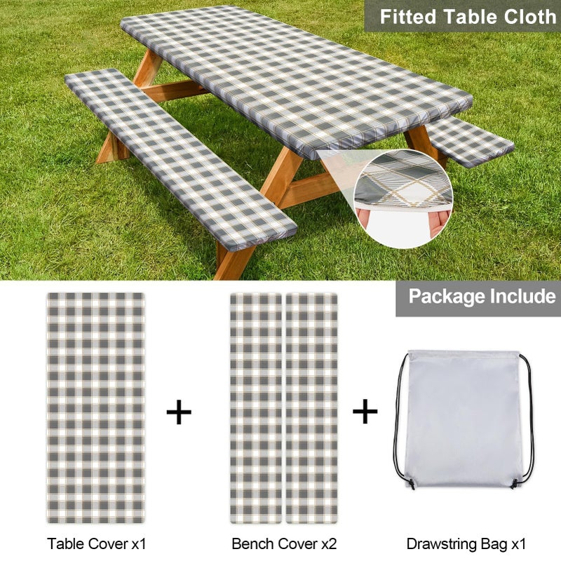 Play Tailor Picnic Table Cover with Bench Covers Camping Essentials Waterproof Windproof Camping Tablecloth with Drawstring Bag, Fitted Rectangle Tables and Seats, 72in, Gray White - Image 4