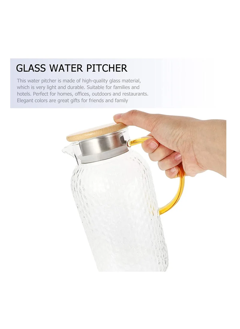 1Chase Heat Resistant Borosilicate Glass Water Pitcher With Bamboo Lid And Stainless Steel Strainer, 1800 ML