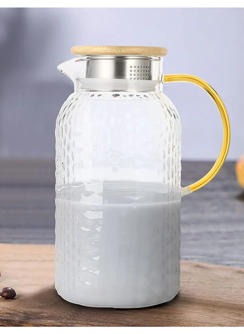 1Chase Heat Resistant Borosilicate Glass Water Pitcher With Bamboo Lid And Stainless Steel Strainer, 1800 ML