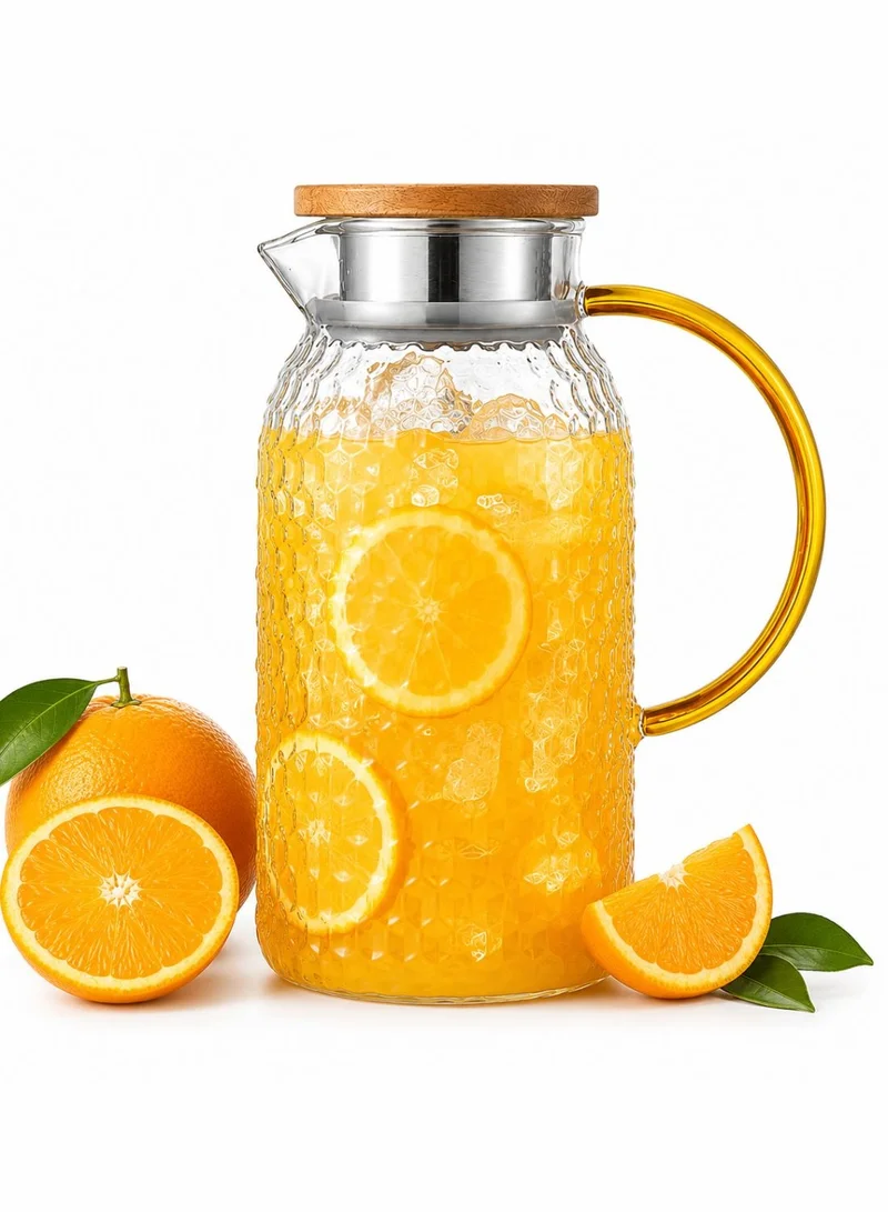 1Chase Heat Resistant Borosilicate Glass Water Pitcher With Bamboo Lid And Stainless Steel Strainer, 1800 ML