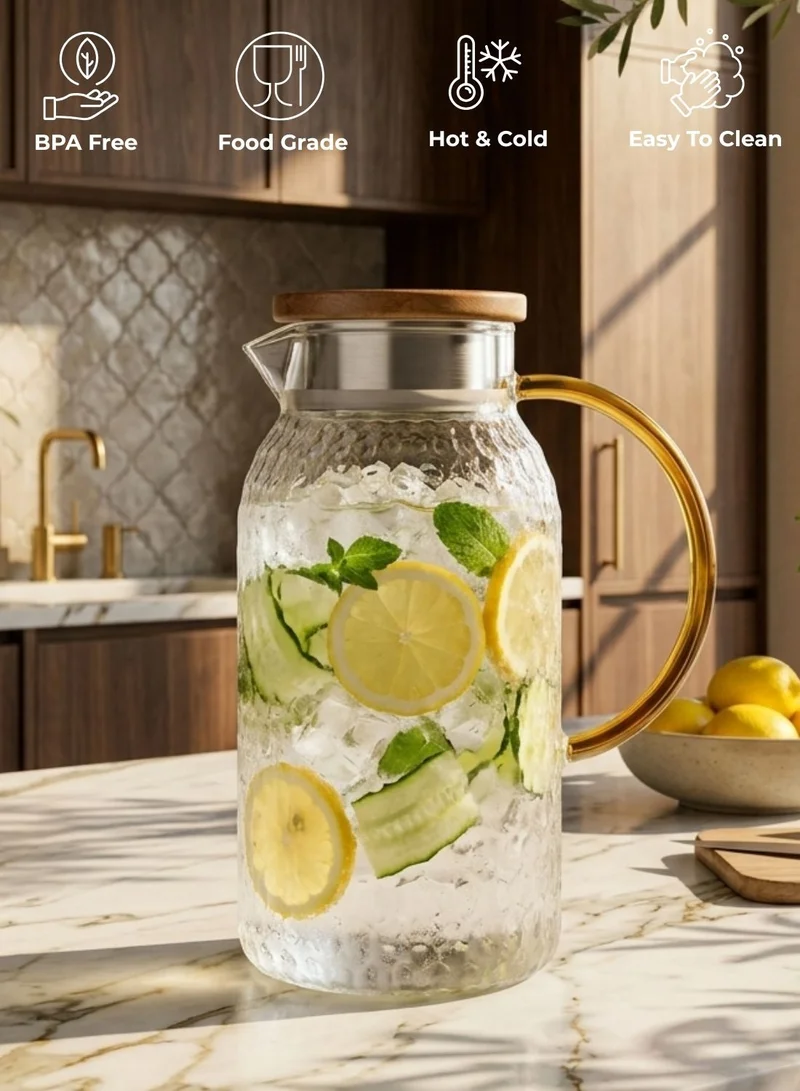 1Chase Transparent Heat Resistant Borosilicate Glass Water Pitcher With Bamboo Lid And Stainless Steel Strainer, 1800 ML  | Best Price UAE
