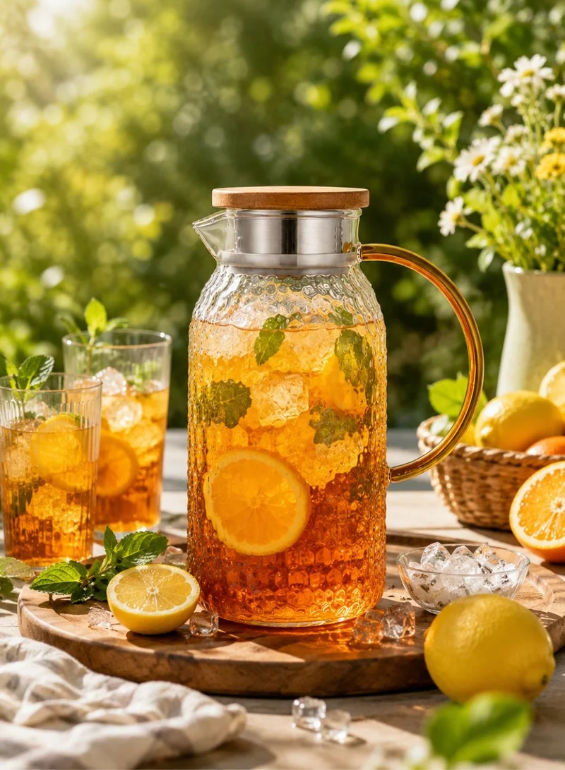 1Chase Transparent Heat Resistant Borosilicate Glass Water Pitcher With Bamboo Lid And Stainless Steel Strainer, 1800 ML  | Best Price UAE
