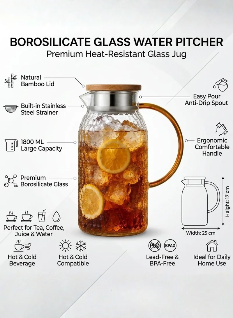 1Chase Transparent Heat Resistant Borosilicate Glass Water Pitcher With Bamboo Lid And Stainless Steel Strainer, 1800 ML  | Best Price UAE