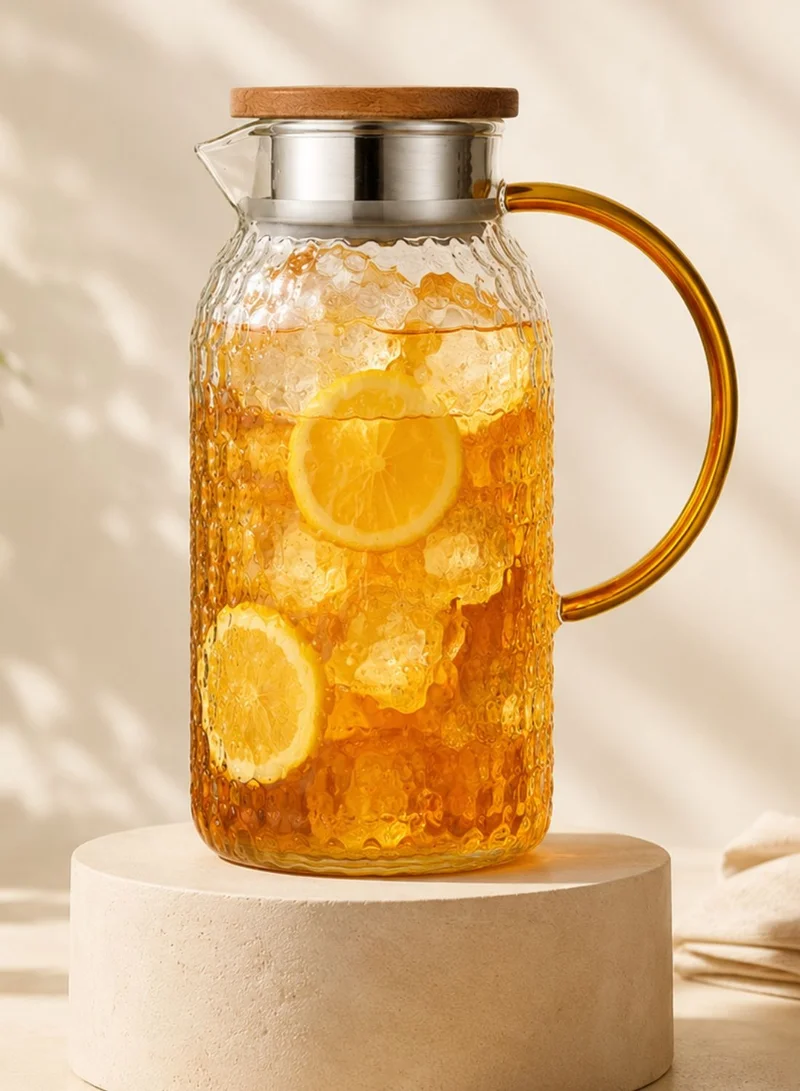 1Chase Heat Resistant Borosilicate Glass Water Pitcher With Bamboo Lid And Stainless Steel Strainer, 1800 ML