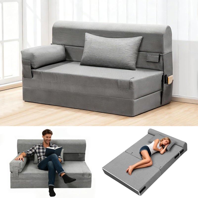 laapee Folding Sofa Bed-Convertible Sleeper Chair with Pillow & Armrest, Modern Linen Fabric Comfy Floor & Futon Sofa Bed, Foldable Matress for Living Room/Guest/Home Office, Double Size, Light Gray - Image 1