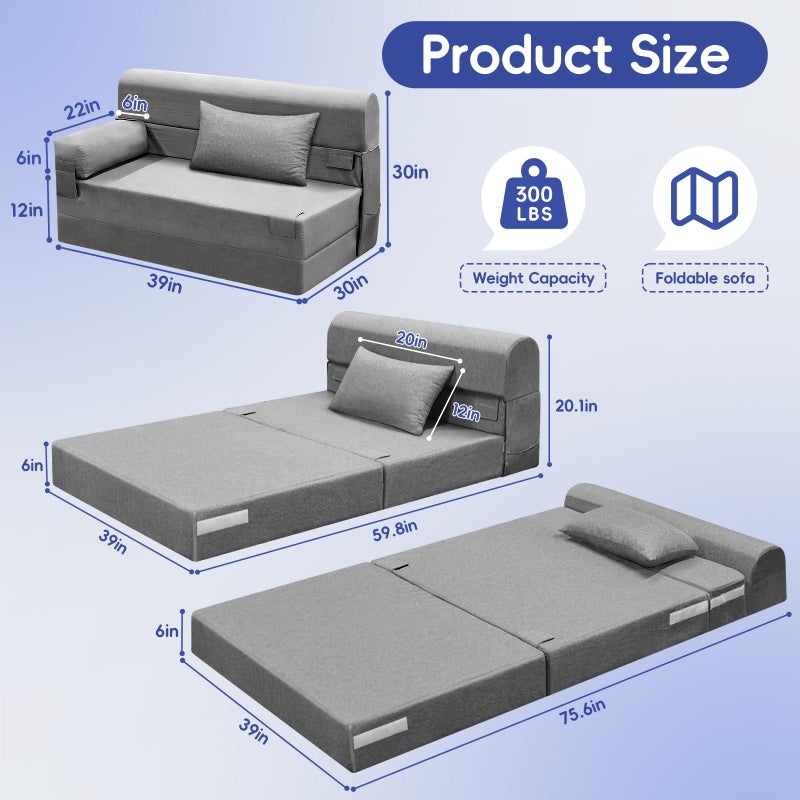 laapee Folding Sofa Bed-Convertible Sleeper Chair with Pillow & Armrest, Modern Linen Fabric Comfy Floor & Futon Sofa Bed, Foldable Matress for Living Room/Guest/Home Office, Double Size, Light Gray - Image 3