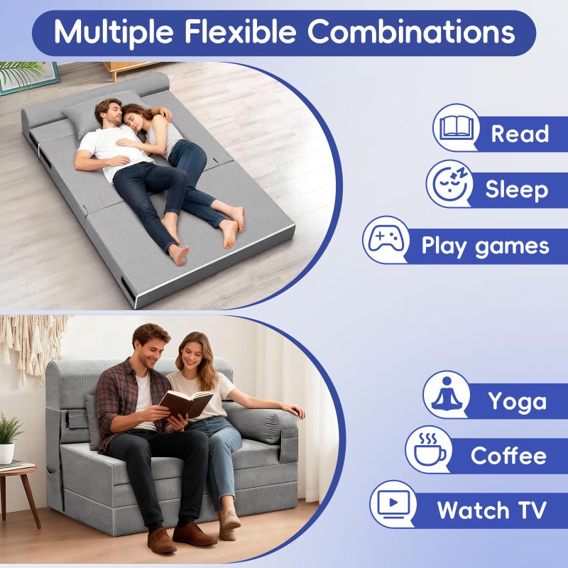 laapee Folding Sofa Bed-Convertible Sleeper Chair with Pillow & Armrest, Modern Linen Fabric Comfy Floor & Futon Sofa Bed, Foldable Matress for Living Room/Guest/Home Office, Double Size, Light Gray - Image 5
