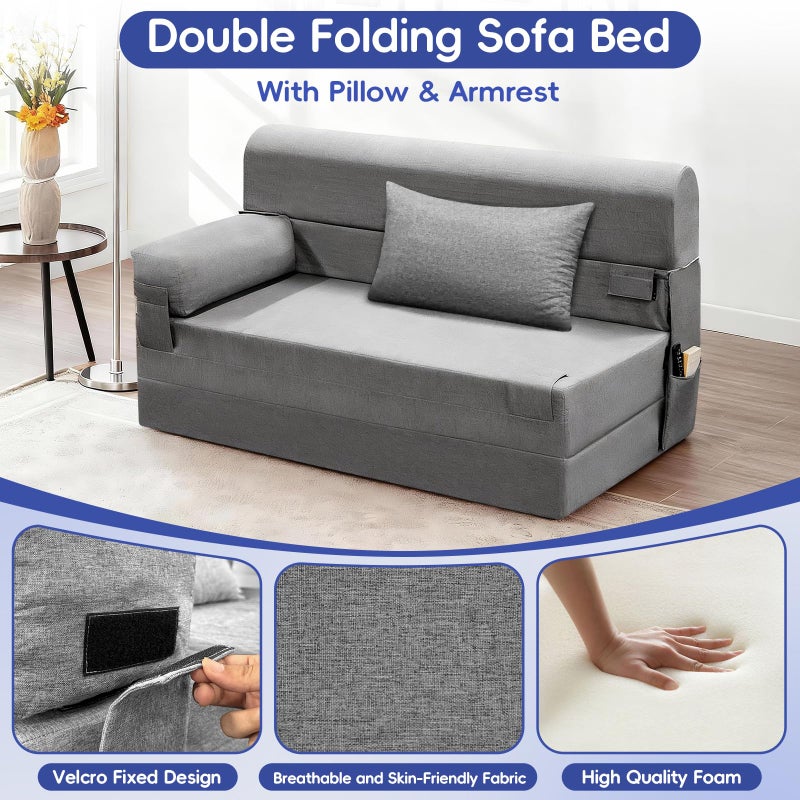 laapee Folding Sofa Bed-Convertible Sleeper Chair with Pillow & Armrest, Modern Linen Fabric Comfy Floor & Futon Sofa Bed, Foldable Matress for Living Room/Guest/Home Office, Double Size, Light Gray - Image 4