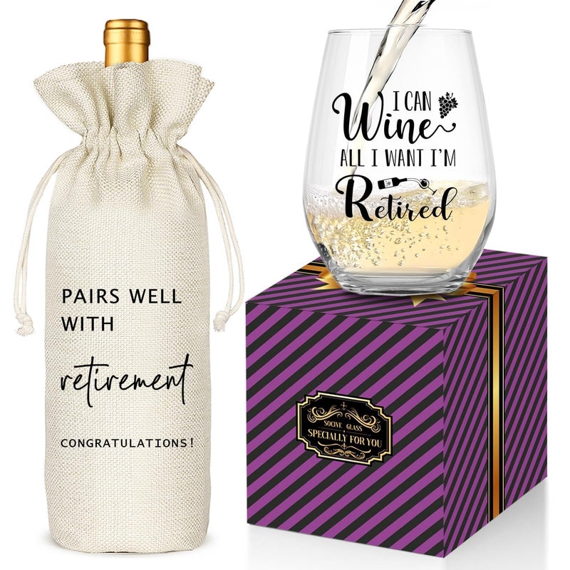 Socive Retirement Gifts for Women Men, Funny Retirement Wine Glass and Wine Bag Set, Best Retired Gifts for Friends Cowkers Doctors Nurses Teachers Boss-PAIRS WELL WITH RETIREMENT (Retired-Beige) - Image 1