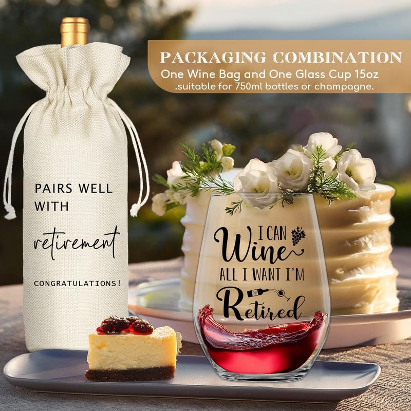 Socive Retirement Gifts for Women Men, Funny Retirement Wine Glass and Wine Bag Set, Best Retired Gifts for Friends Cowkers Doctors Nurses Teachers Boss-PAIRS WELL WITH RETIREMENT (Retired-Beige) - Image 3