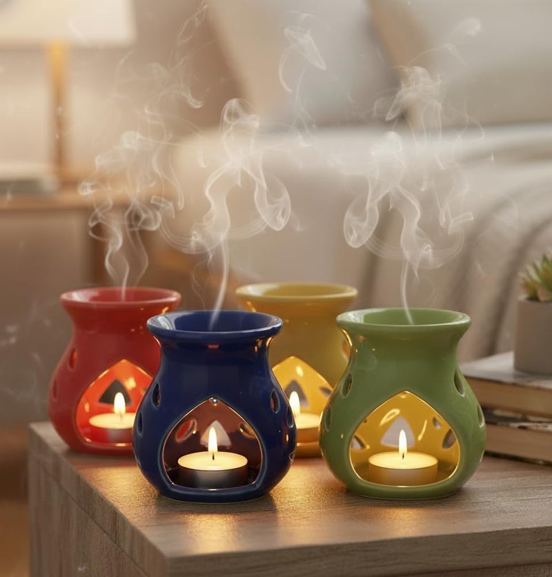 Mkd2 Rise Ceramic Clay Candle Oil Burner Aroma Diffuser Lamp, Set of 4, Multicolour (Red, Yellow, Blue, Green) for Home Fragrance - Image 1
