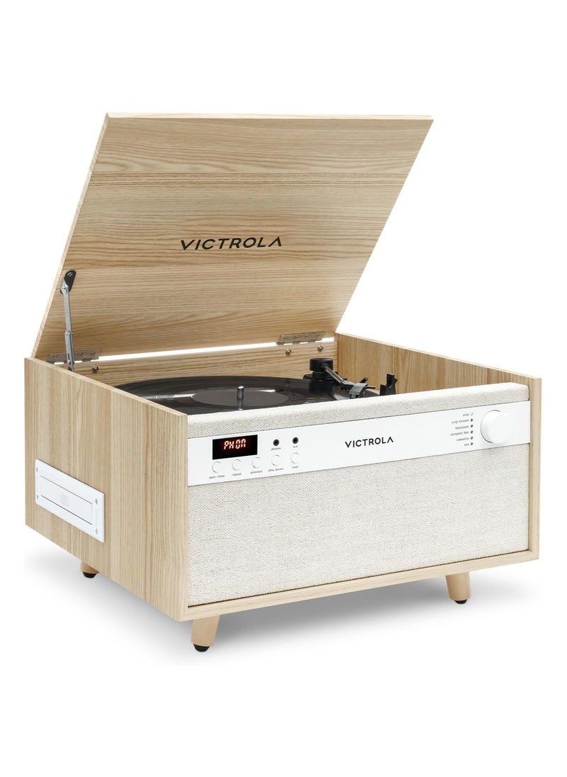 VICTROLA - Victrola Century 6-in-1 Vinyl Record Player & Music Center - 3-Speed Turntable, CD & Cassette Player, VINYLSTREAM, Bluetooth & 3.5mm Aux, Record Player with Speakers, Mid Century Design, Natural - Image 1
