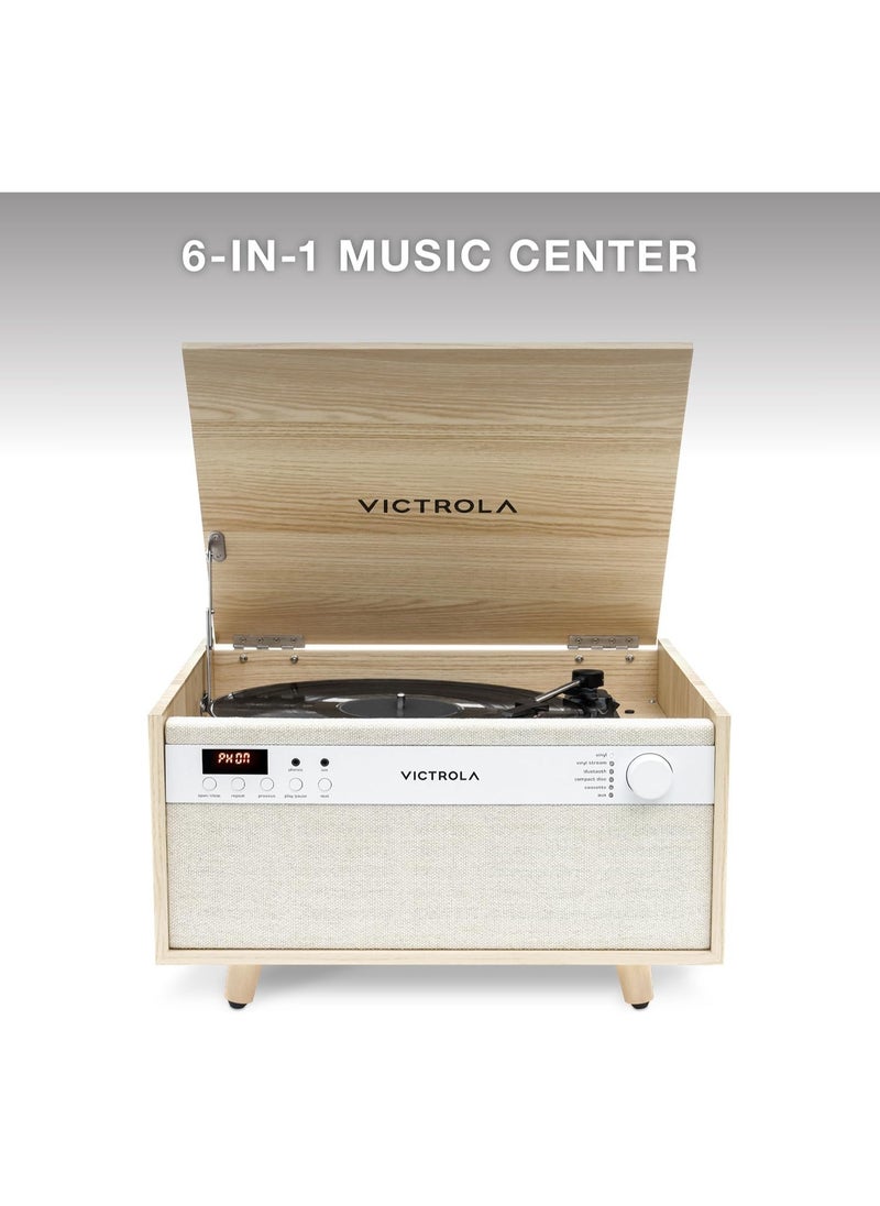 VICTROLA - Victrola Century 6-in-1 Vinyl Record Player & Music Center - 3-Speed Turntable, CD & Cassette Player, VINYLSTREAM, Bluetooth & 3.5mm Aux, Record Player with Speakers, Mid Century Design, Natural - Image 1