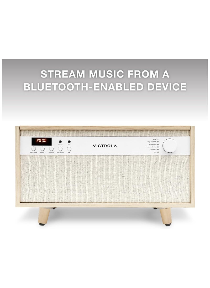 VICTROLA - Victrola Century 6-in-1 Vinyl Record Player & Music Center - 3-Speed Turntable, CD & Cassette Player, VINYLSTREAM, Bluetooth & 3.5mm Aux, Record Player with Speakers, Mid Century Design, Natural - Image 1