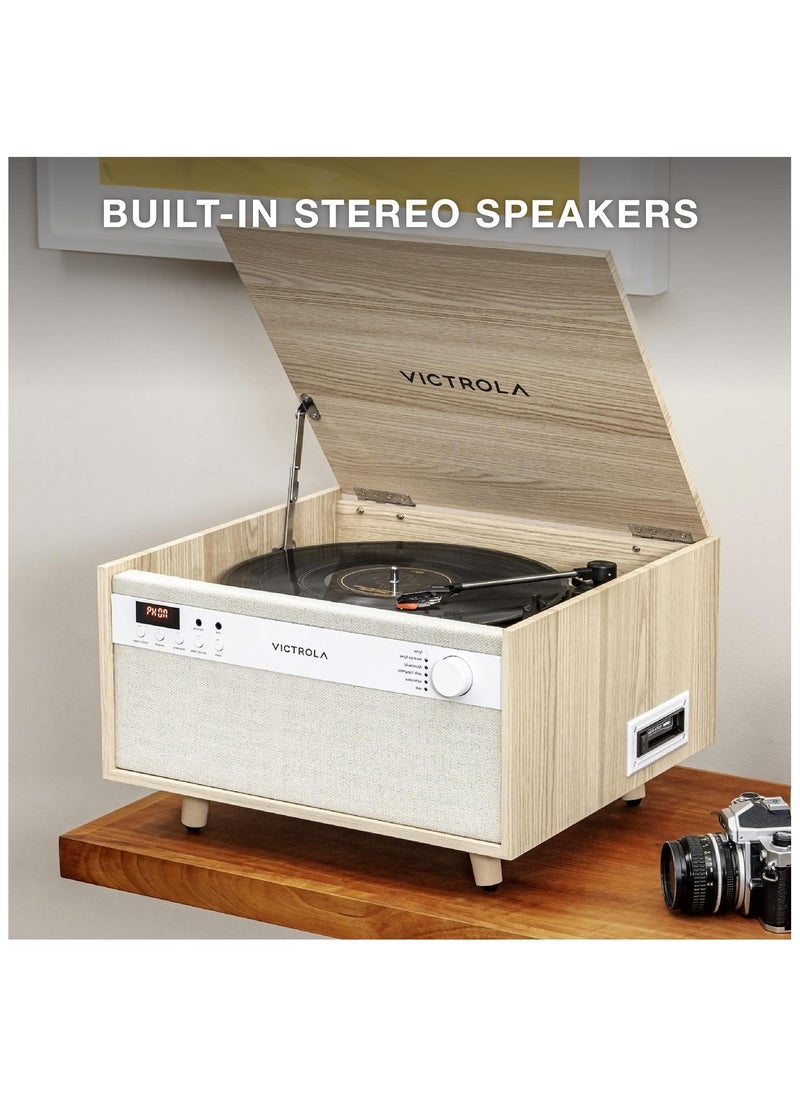 VICTROLA - Victrola Century 6-in-1 Vinyl Record Player & Music Center - 3-Speed Turntable, CD & Cassette Player, VINYLSTREAM, Bluetooth & 3.5mm Aux, Record Player with Speakers, Mid Century Design, Natural - Image 1