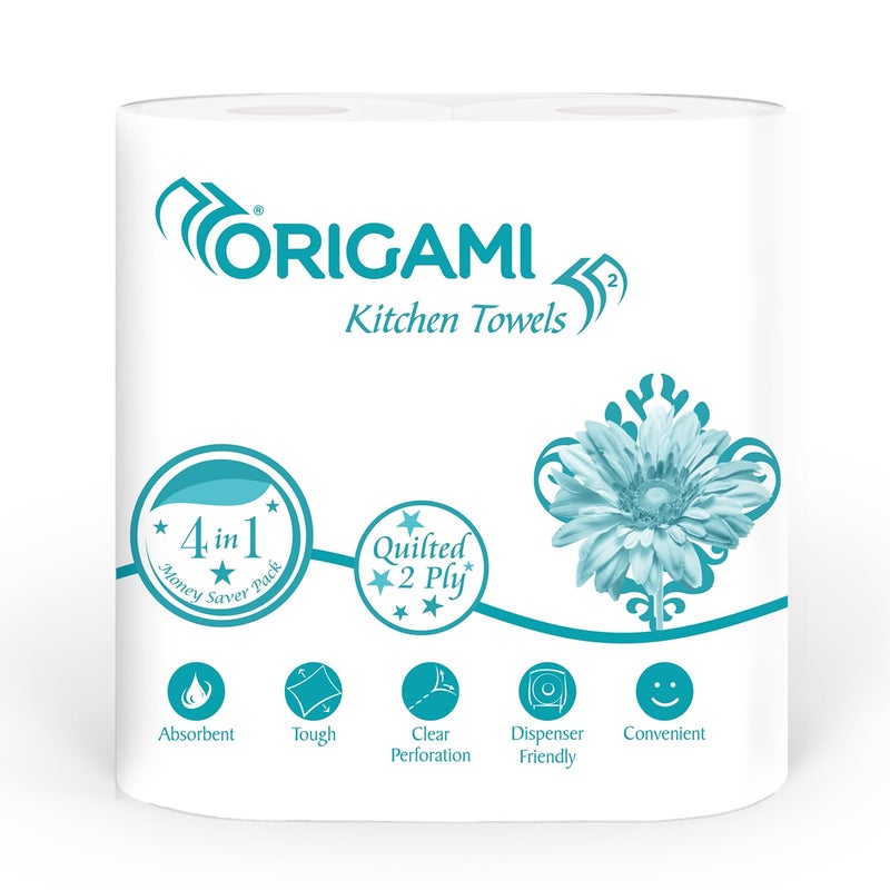Origami Kitchen Roll pack of 4, 60 Pulls each 2 ply (Total 4 Rolls, 240 Sheets) - Image 1