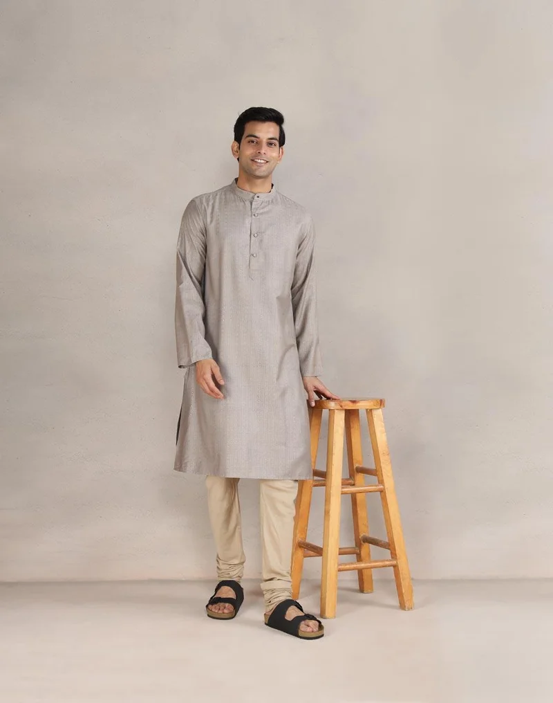 Fabindia Grey Viscose Silk Printed Long Kurta