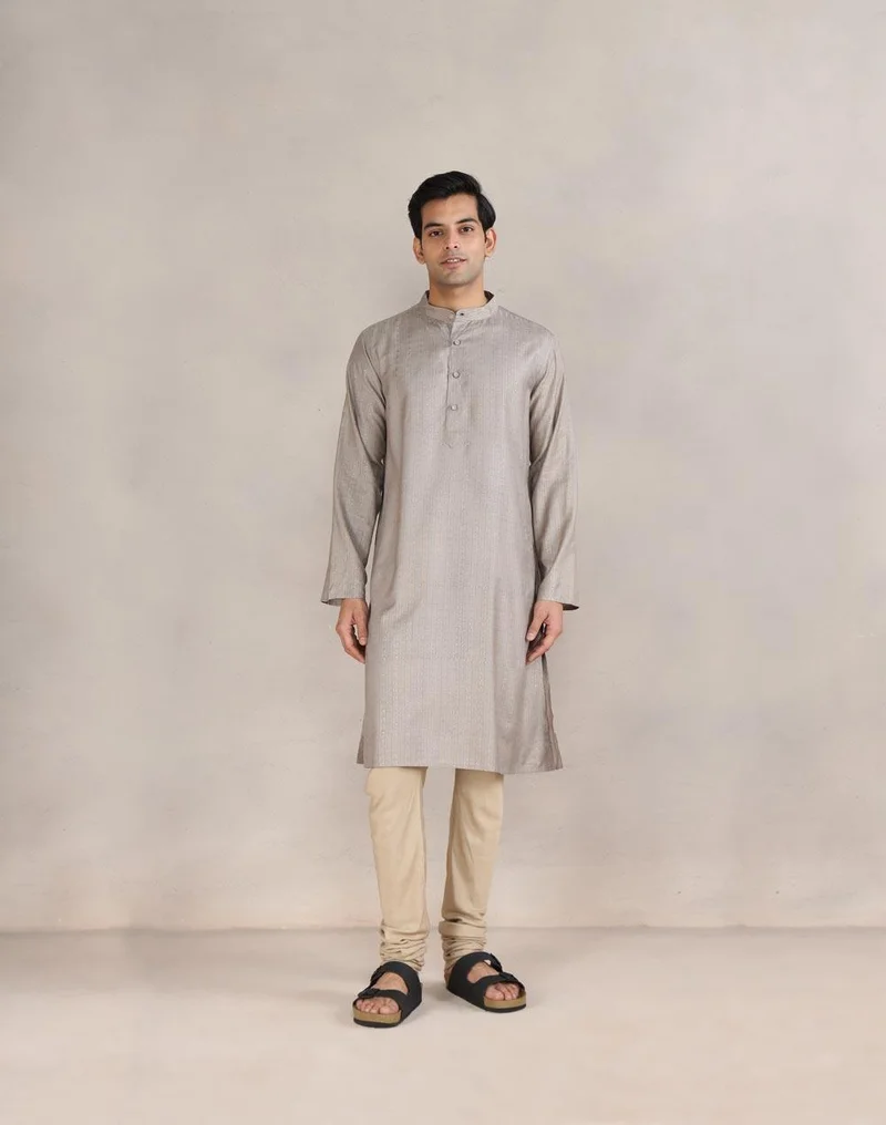 Fabindia Grey Viscose Silk Printed Long Kurta