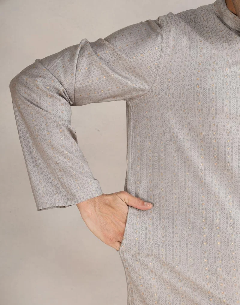 Fabindia Grey Viscose Silk Printed Long Kurta