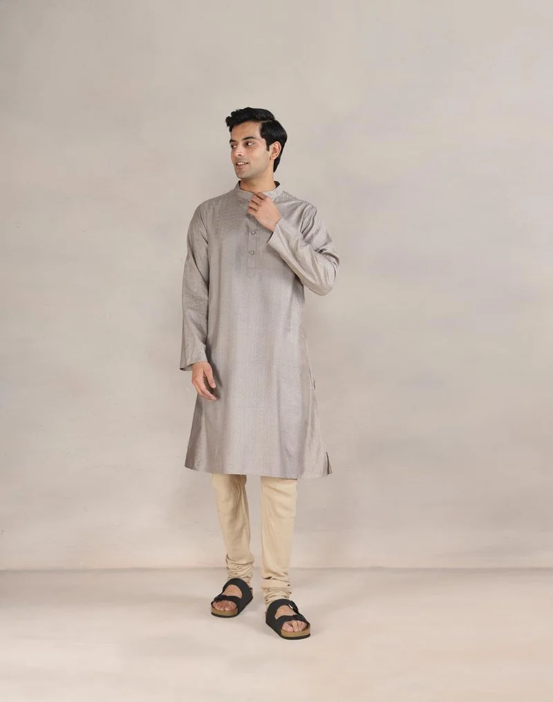 Fabindia Grey Viscose Silk Printed Long Kurta