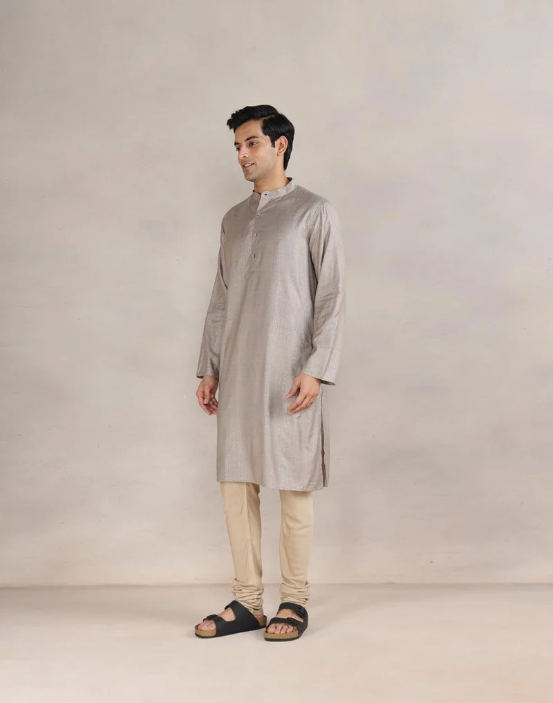 Fabindia Grey Viscose Silk Printed Long Kurta
