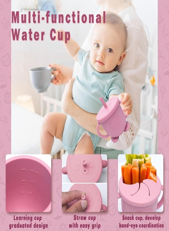 آي ميس يو طقم تغذية أطفال من السيليكون مع وعاء شفط، طقم فطام مكون من 12 قطعة، مريلة قابلة للتعديل، كوب، شوكة وملعقة، طقم ملاعق وأطباق للتغذية الذاتية، أدوات طعام للأطفال، مستلزمات تغذية الأطفال الصغار (وردي) - Image 2